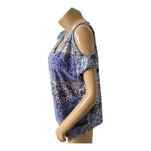 INC Womens Size Large Sheer Embellished V Neck Tribal Boho Cold Shoulder Shirt - Picture 2 of 7
